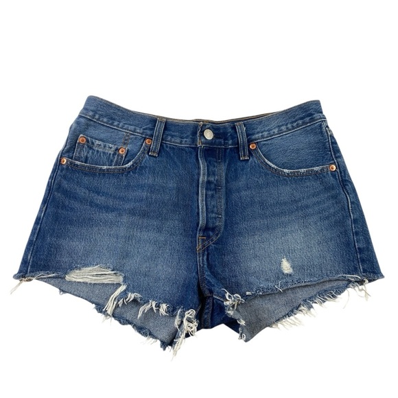 Levis Women’s‎ 501 Button Fly Raw Hem Blue Denim Jean Cut Off Shorts Sz 29 - Picture 1 of 13